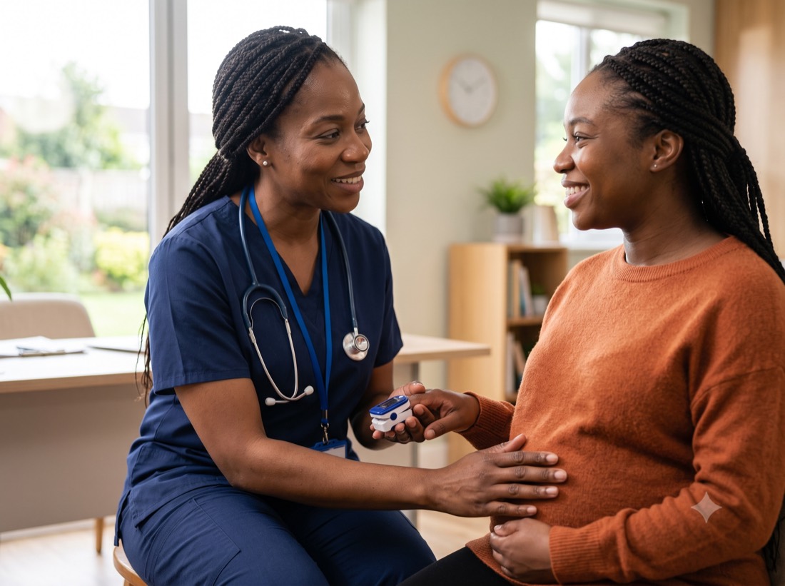 A nurse checks an expectant mother's vitals during a relaxed antenatal visit