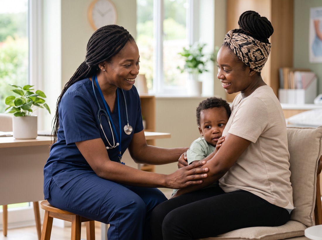 A smiling nurse chats with a mother holding her young child in a bright consultation room